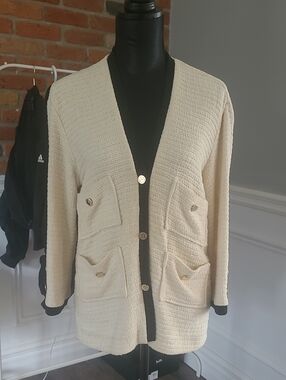 Maje Cream Gold Button Cardigan with Patch Pockets